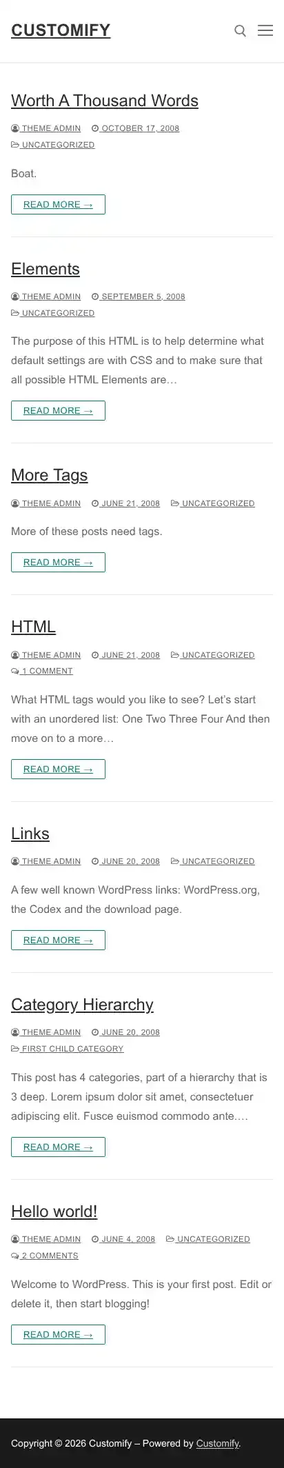 Customify home page on mobile