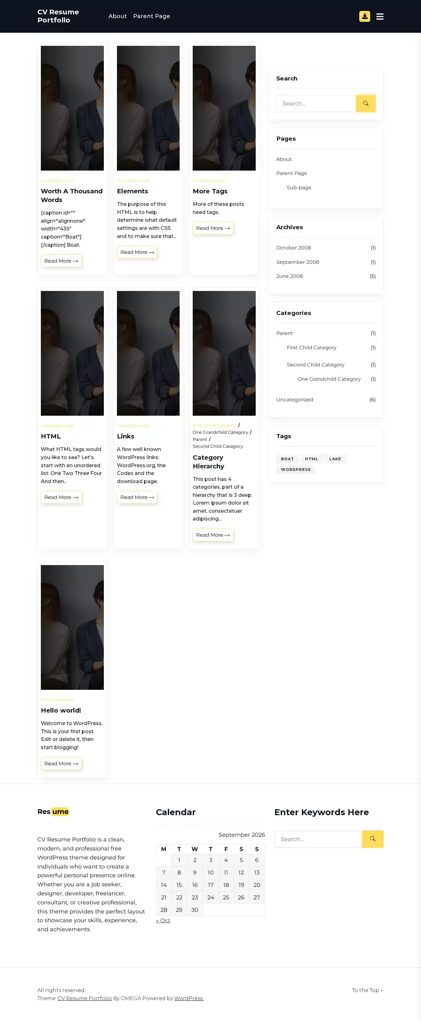 CV Resume Portfolio home page on desktop