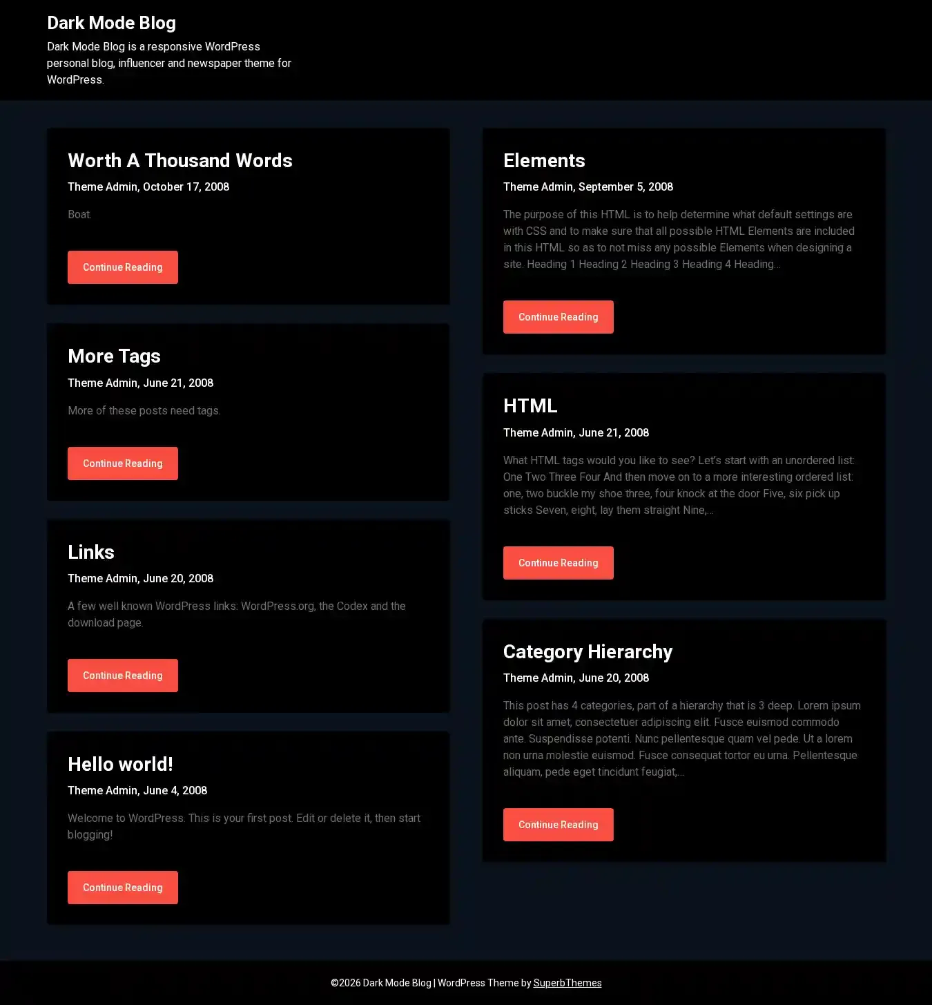 Dark Mode Blog home page on desktop