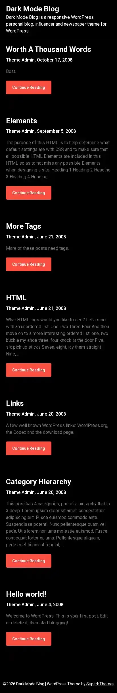 Dark Mode Blog home page on mobile