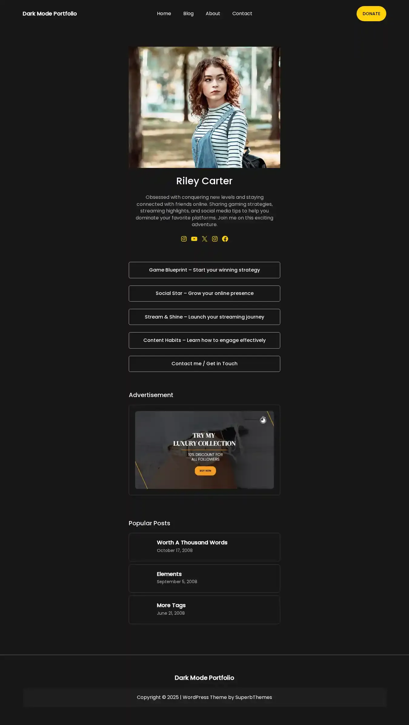 Dark Mode Portfolio home page on desktop