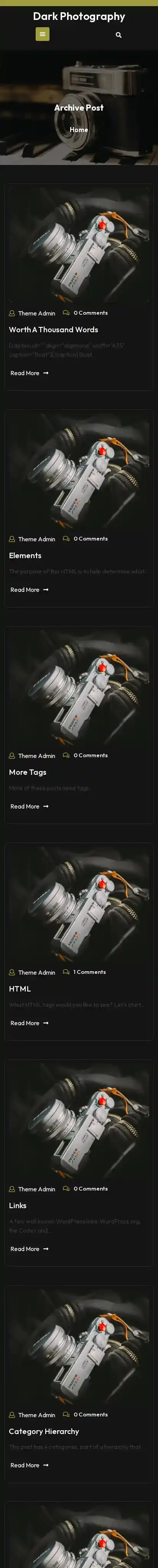 Dark Photography home page on mobile