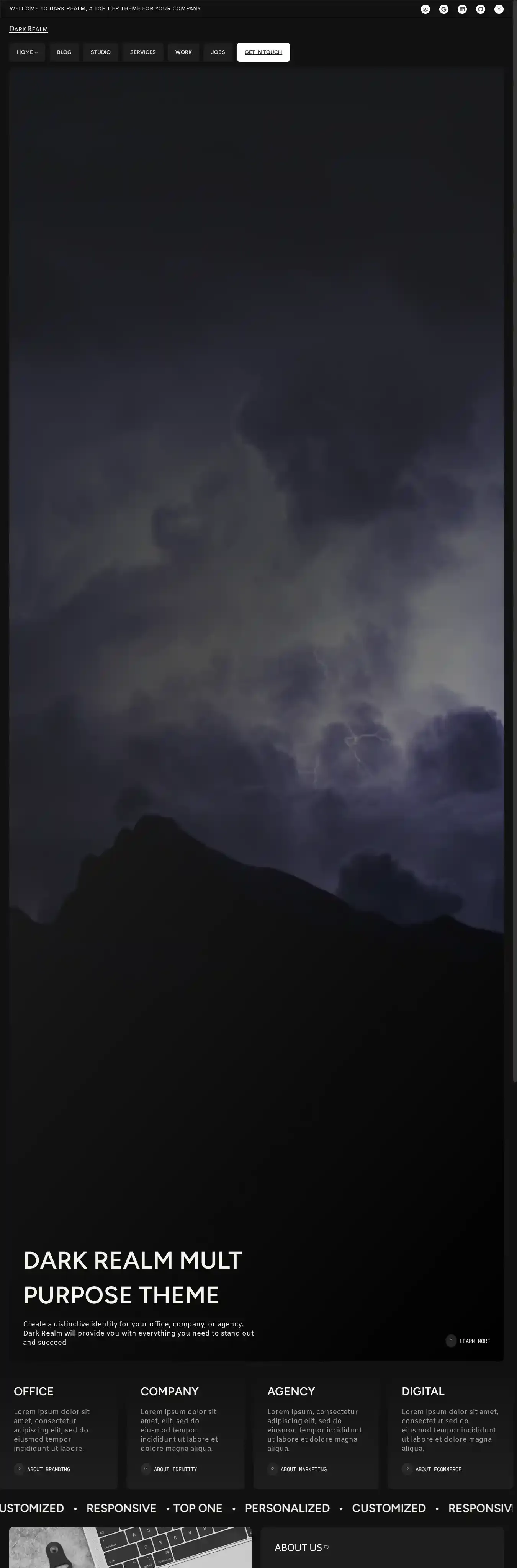 Dark Realm home page on desktop