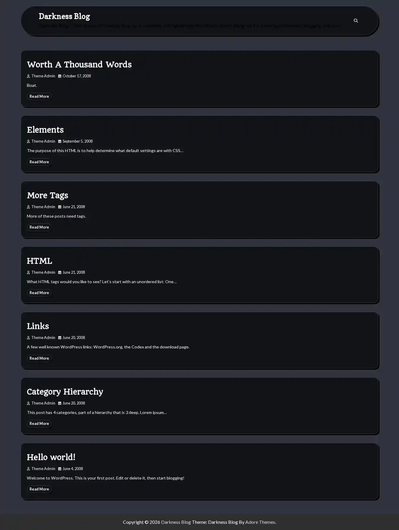 Darkness Blog home page on desktop
