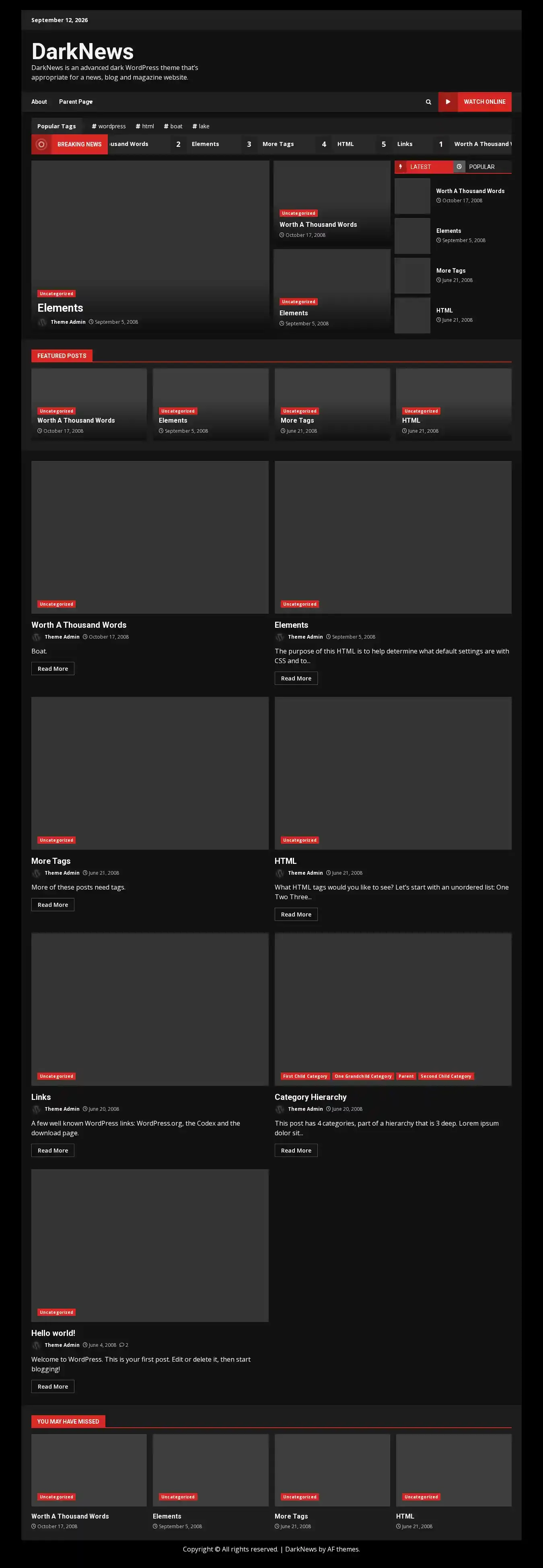 DarkNews home page on desktop