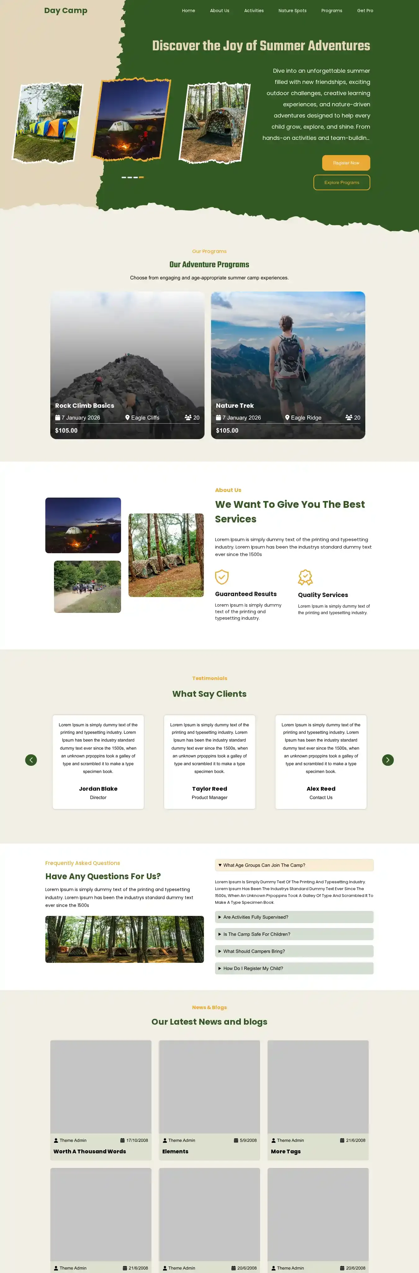 Day Camp home page on desktop