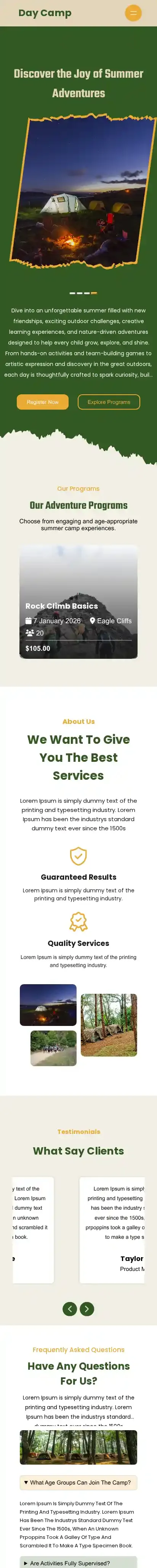 Day Camp home page on mobile
