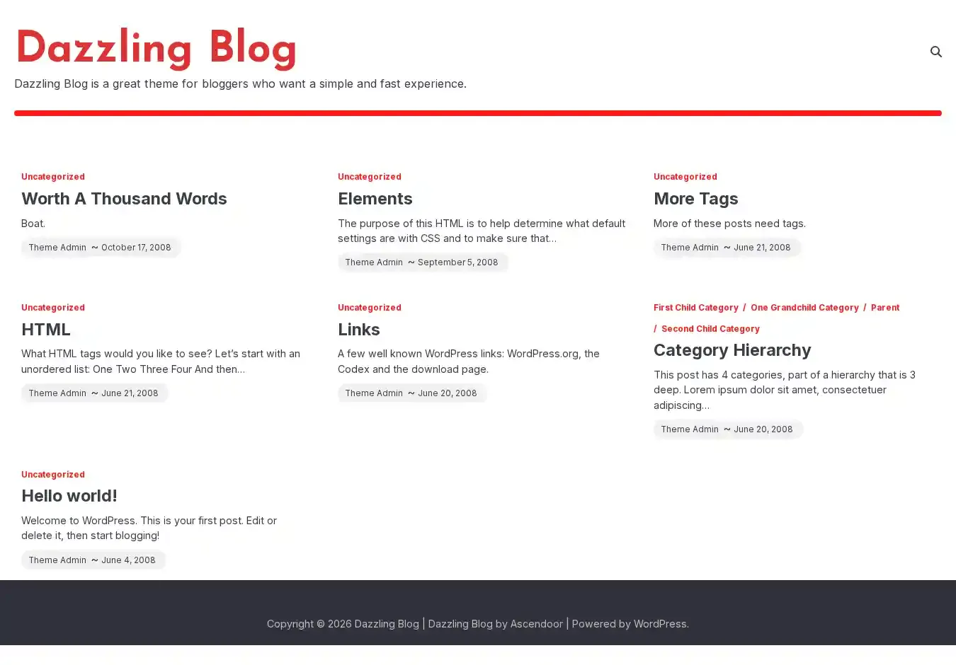 Dazzling Blog home page on desktop
