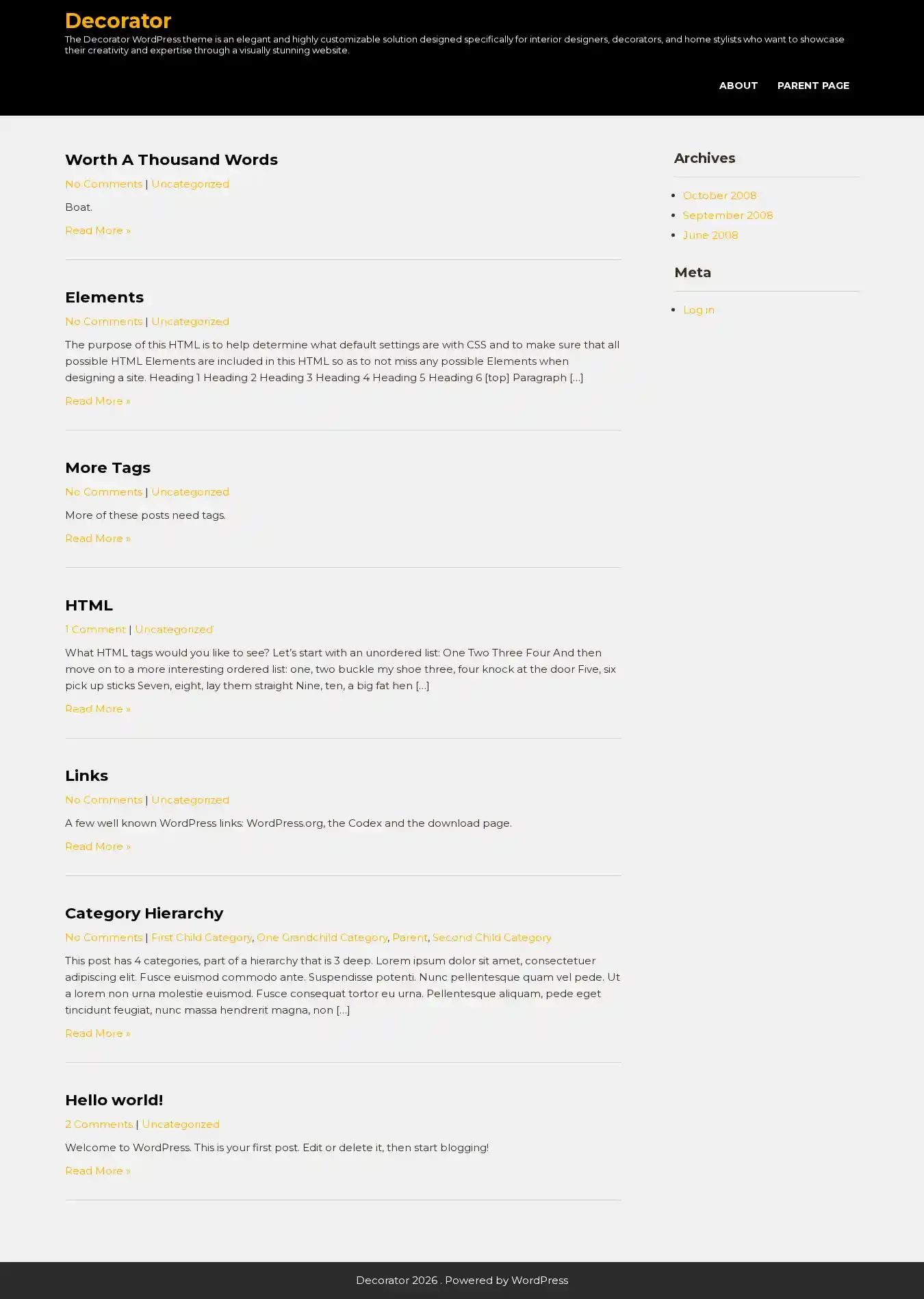 Decorator home page on desktop