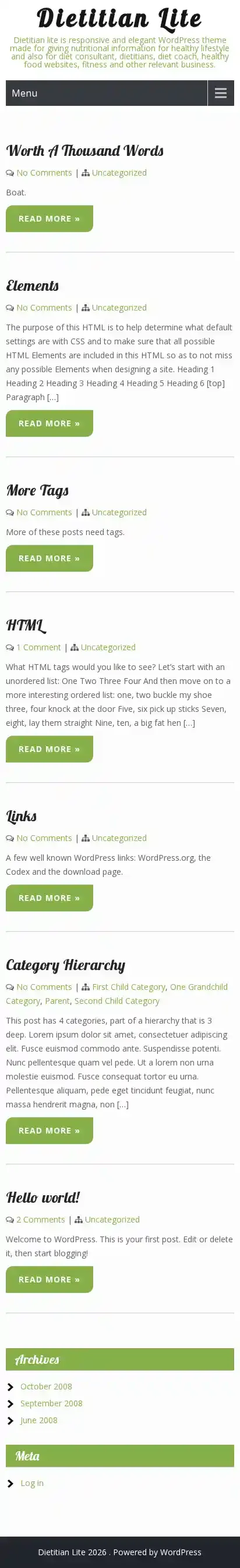 Dietitian Lite home page on mobile