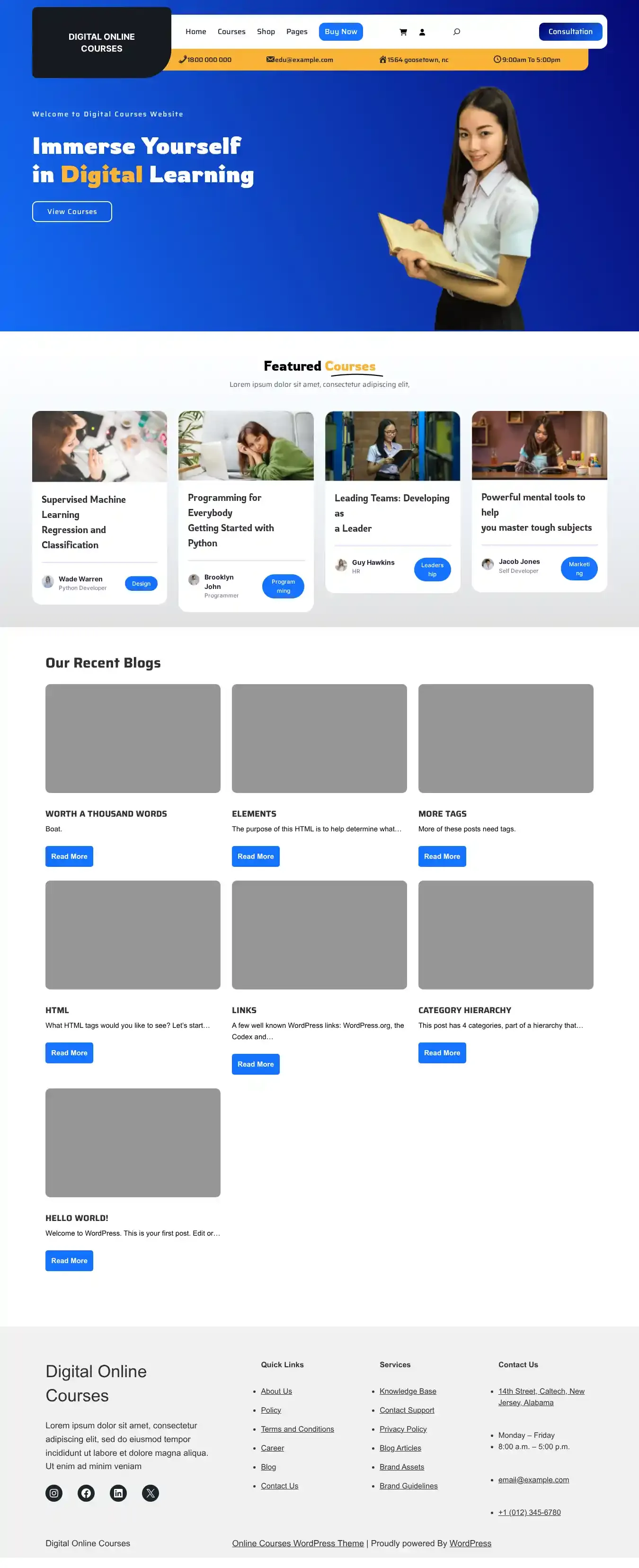 Digital Online Courses home page on desktop