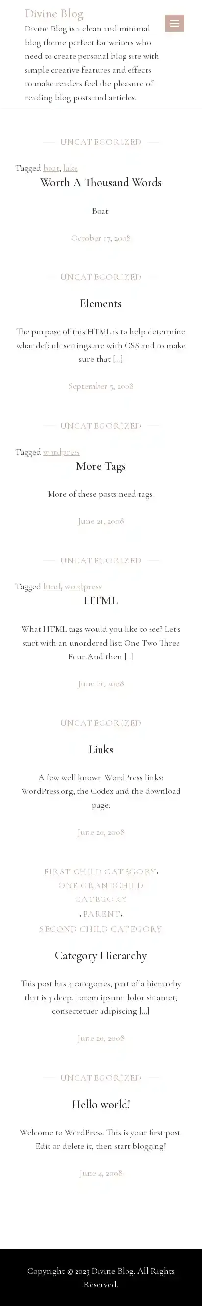 Divine Blog home page on mobile
