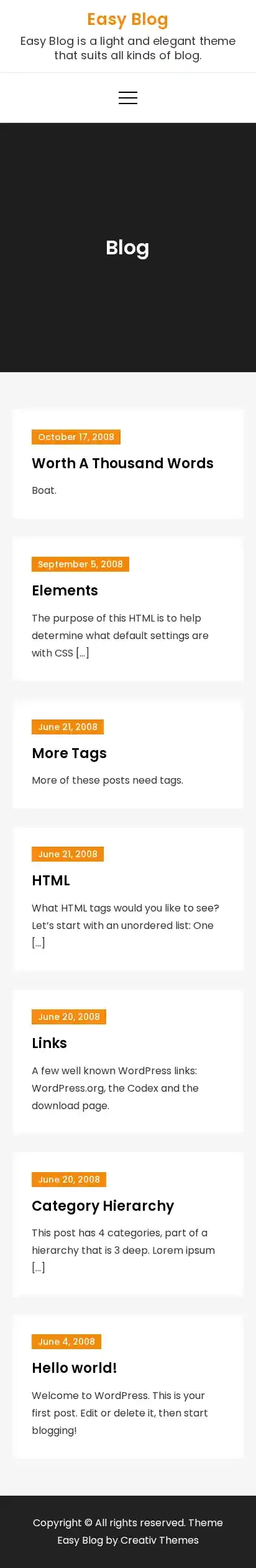 Easy Blog home page on mobile