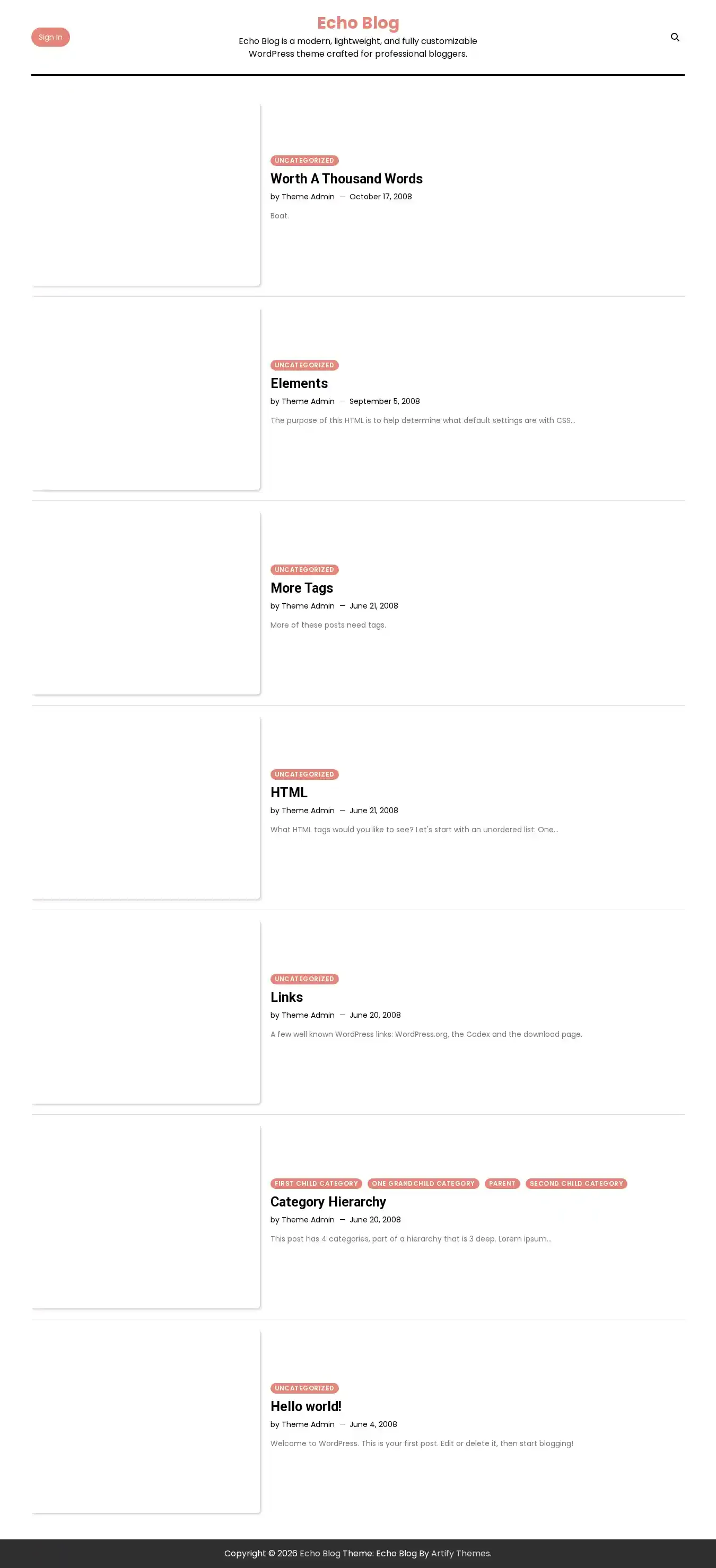 Echo Blog home page on desktop