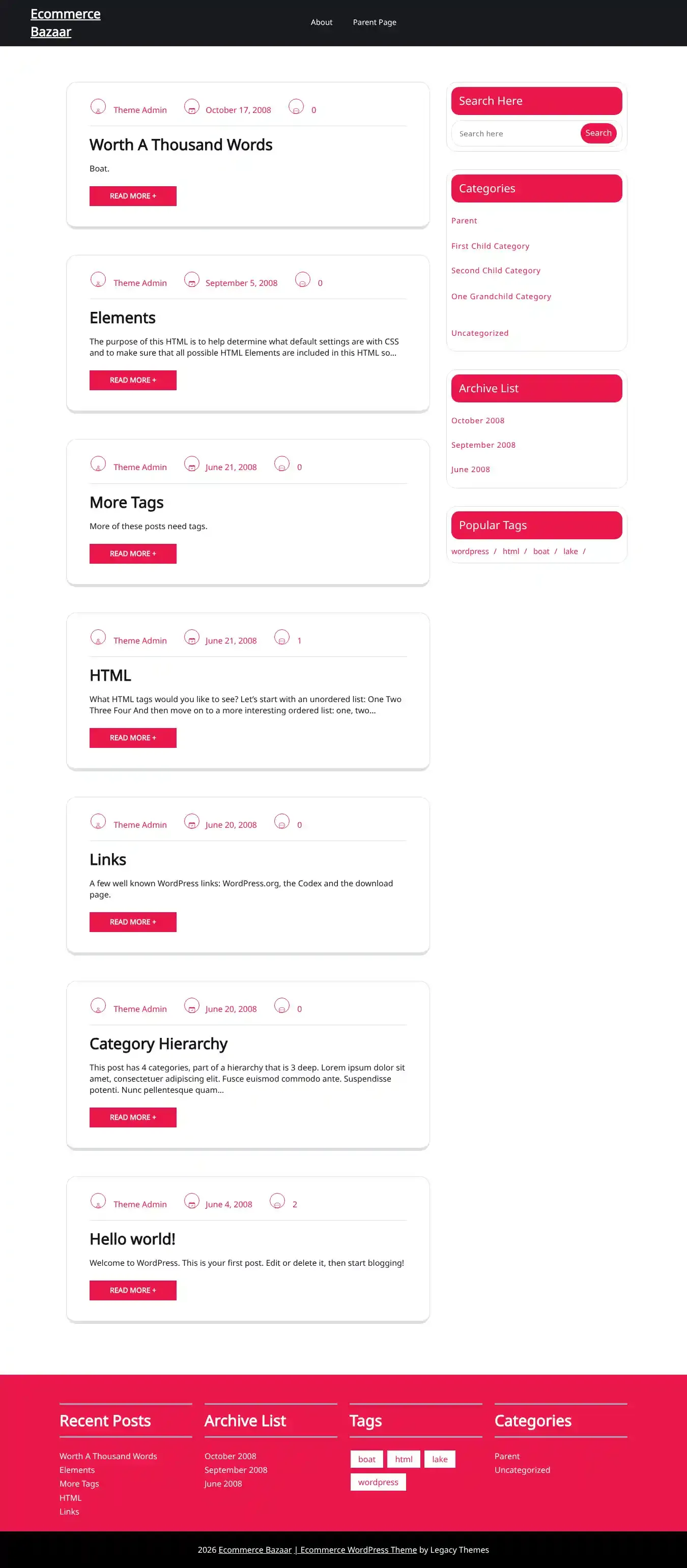 Ecommerce Bazaar home page on desktop