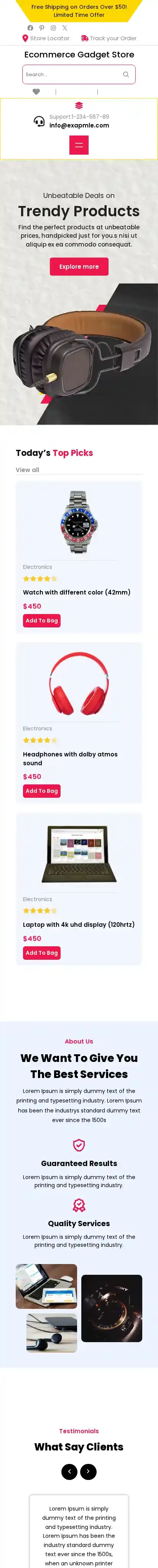 Ecommerce Gadget Store home page on mobile