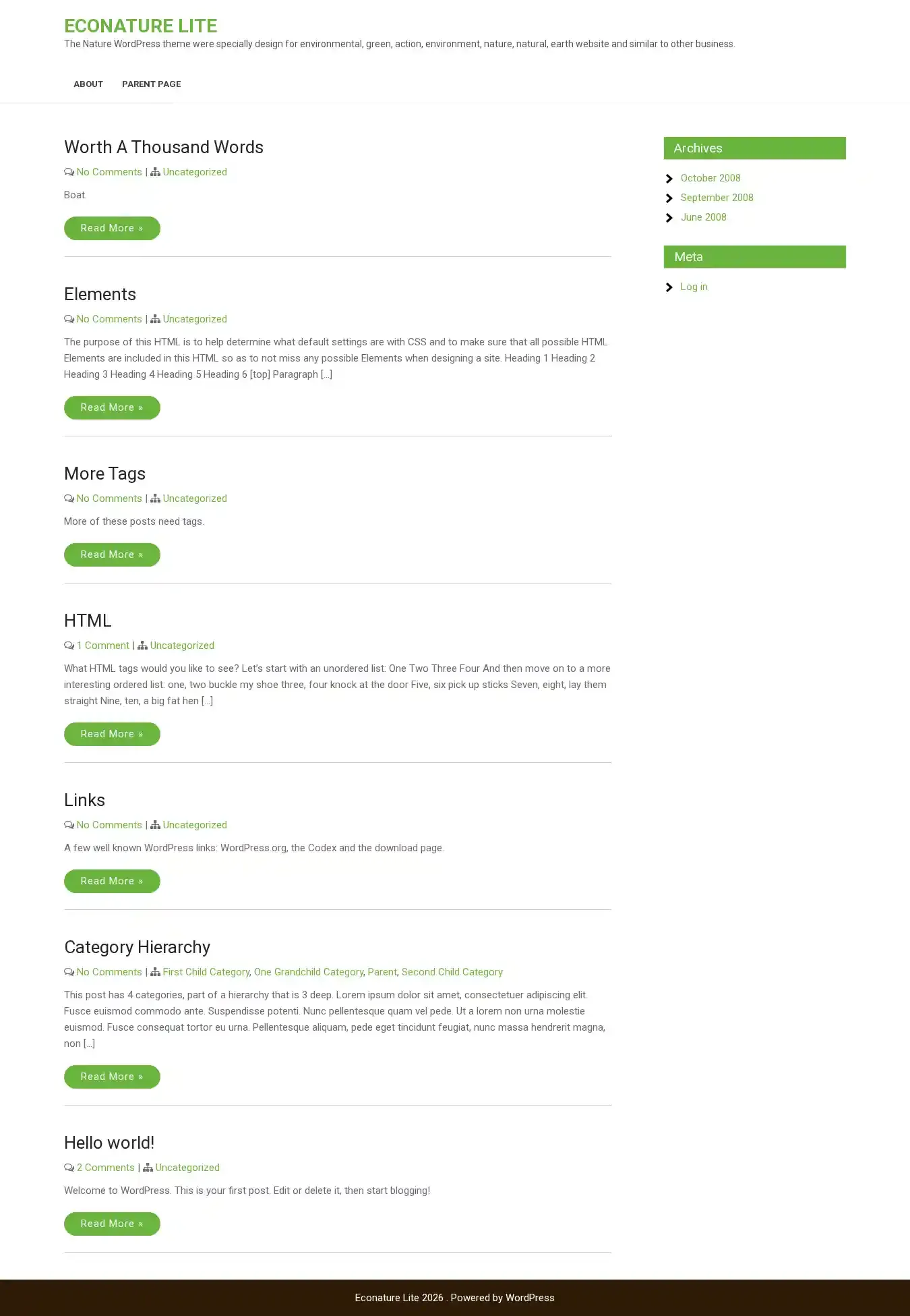 Econature Lite home page on desktop