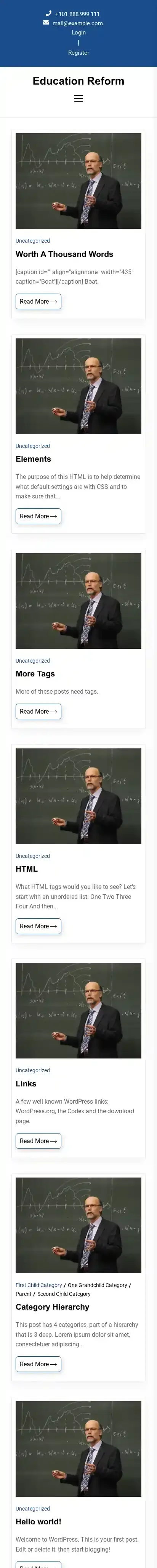 Education Reform home page on mobile