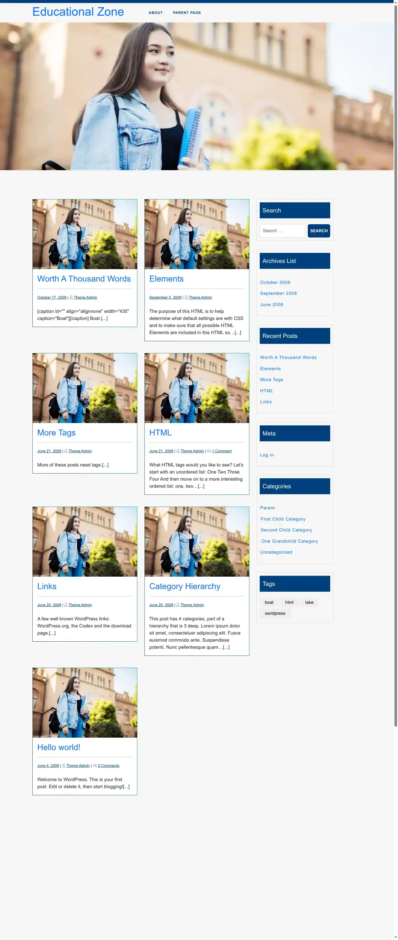 Educational Zone home page on desktop