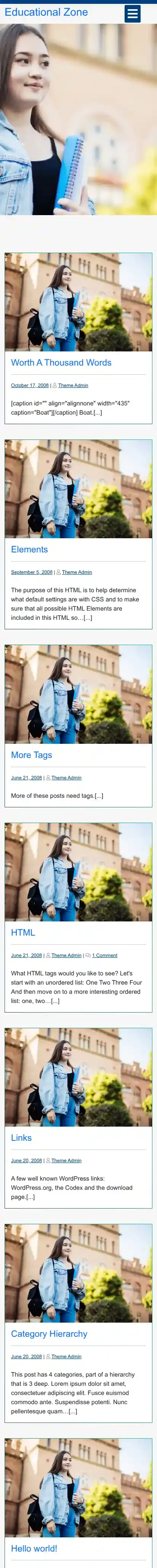 Educational Zone home page on mobile