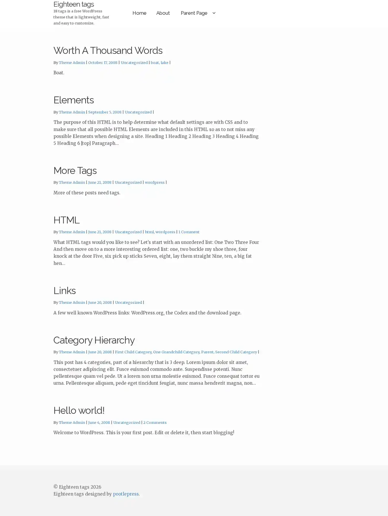 Eighteen tags home page on desktop