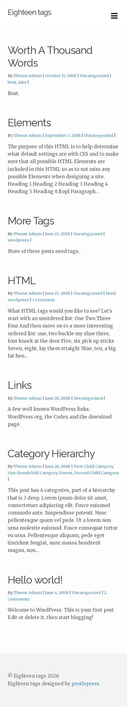 Eighteen tags home page on mobile