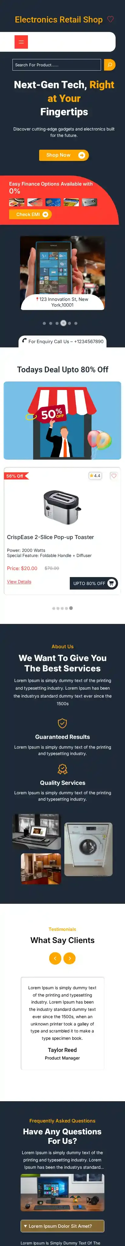 Electronics Retail Shop home page on mobile