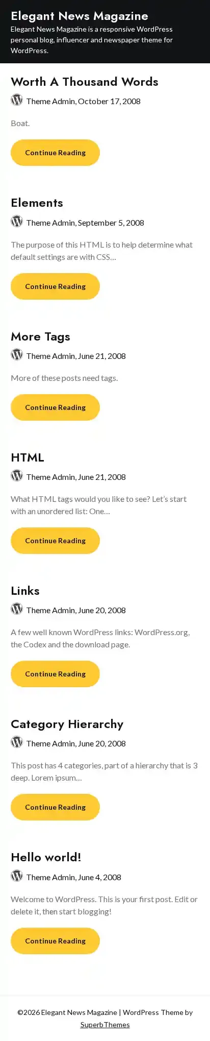 Elegant News Magazine home page on mobile