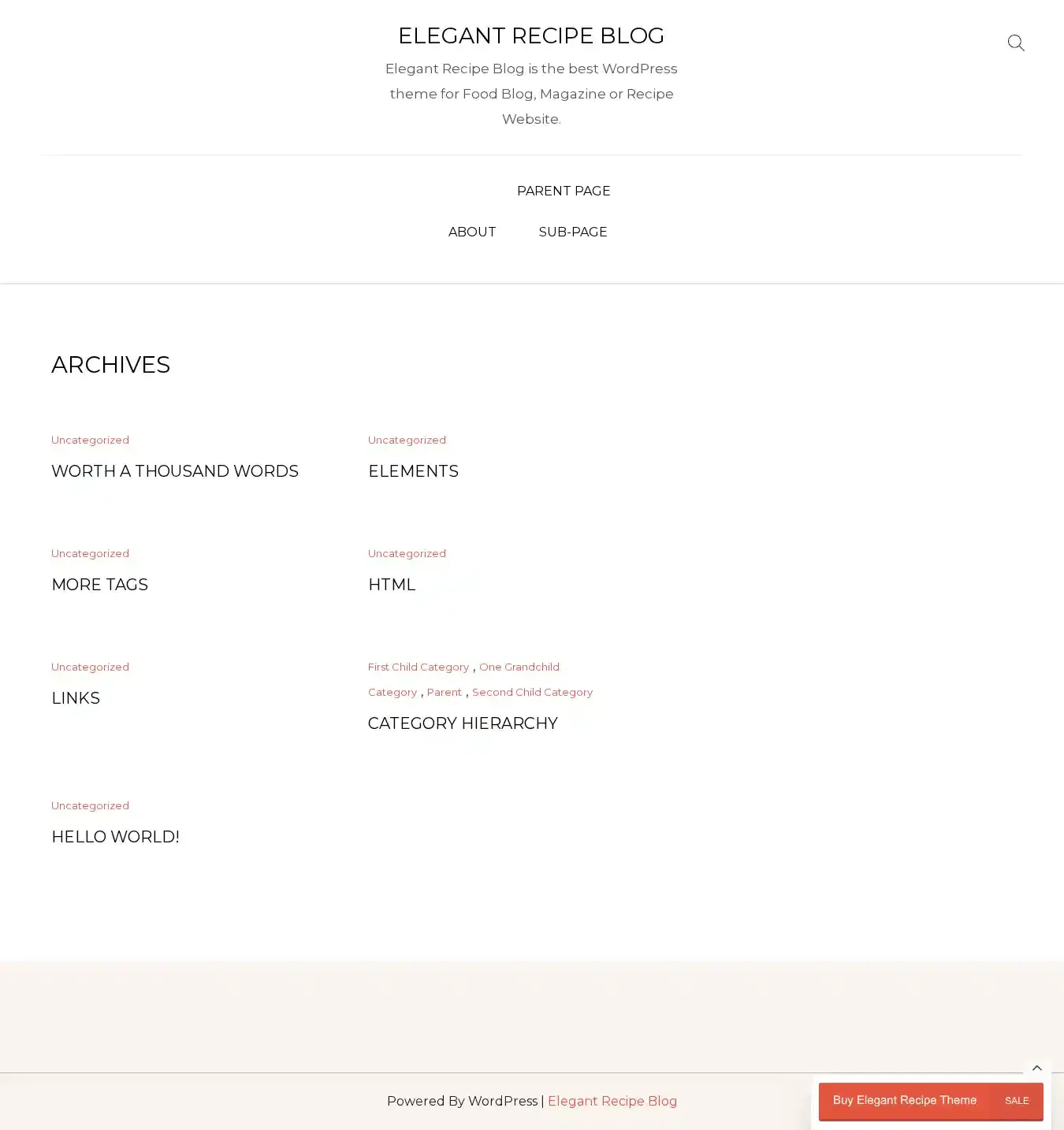 Elegant Recipe Blog home page on desktop