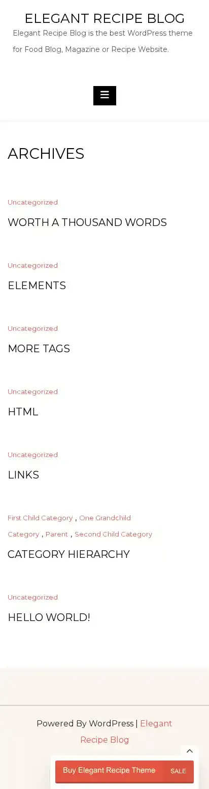 Elegant Recipe Blog home page on mobile