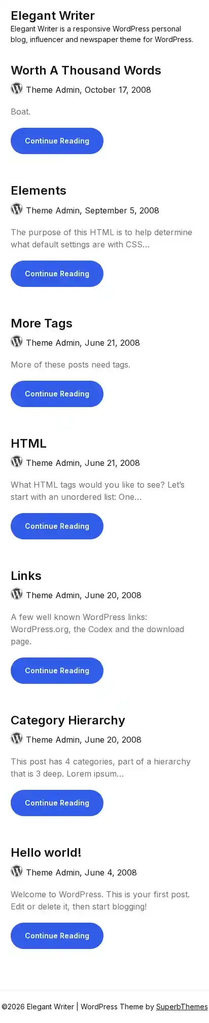 Elegant Writer home page on mobile
