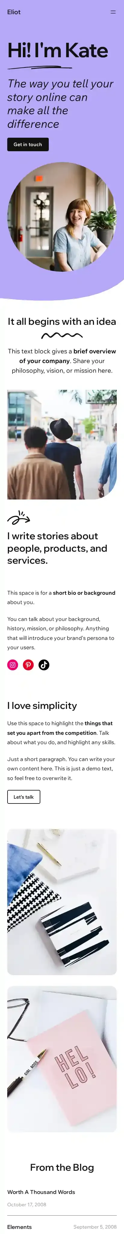Eliot home page on mobile