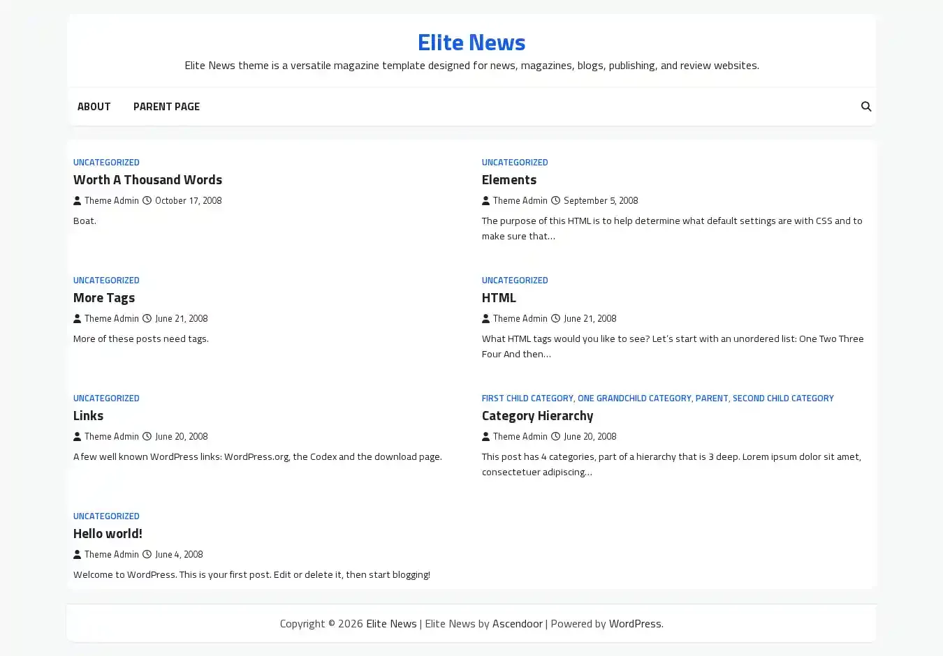 Elite News home page on desktop