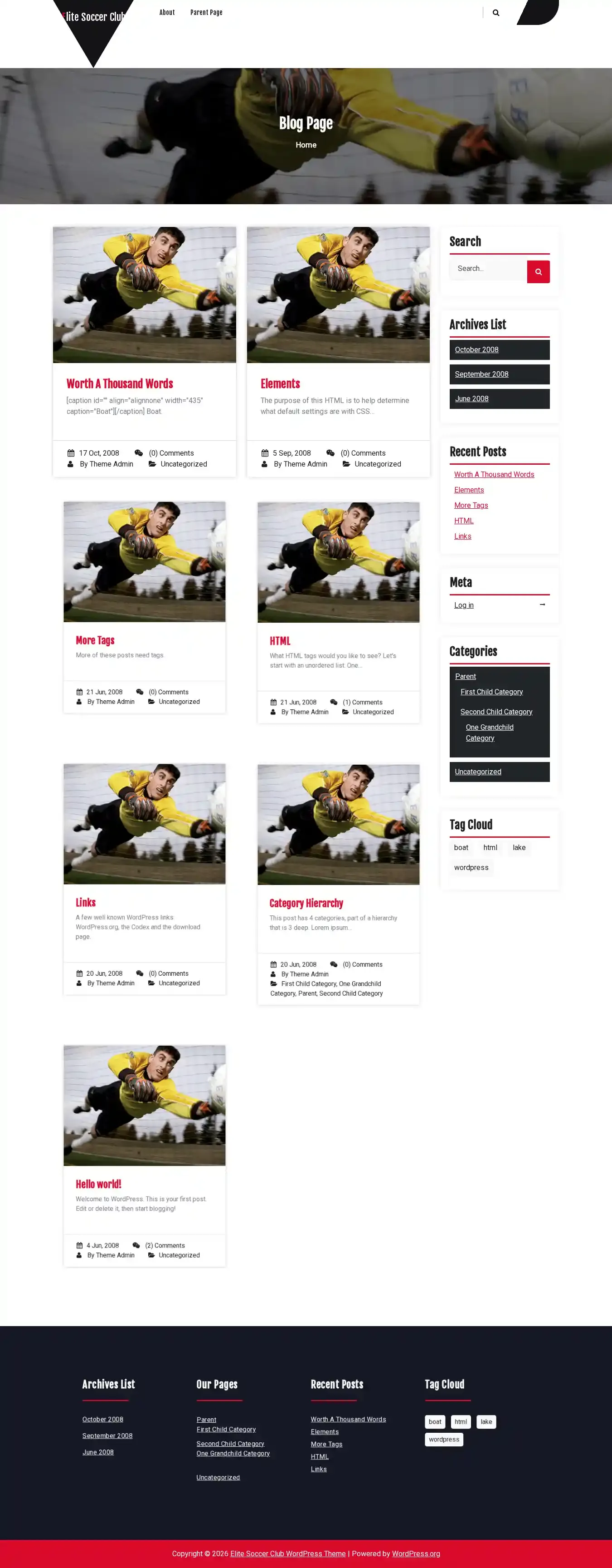 Elite Soccer Club home page on desktop
