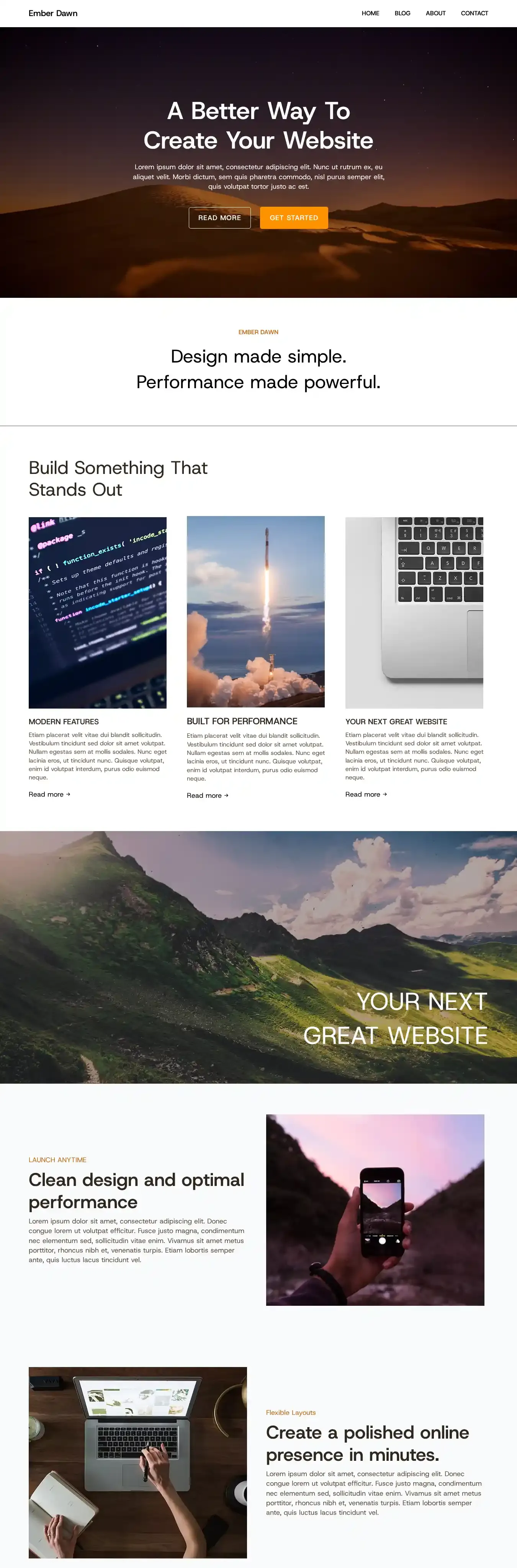 Ember Dawn home page on desktop