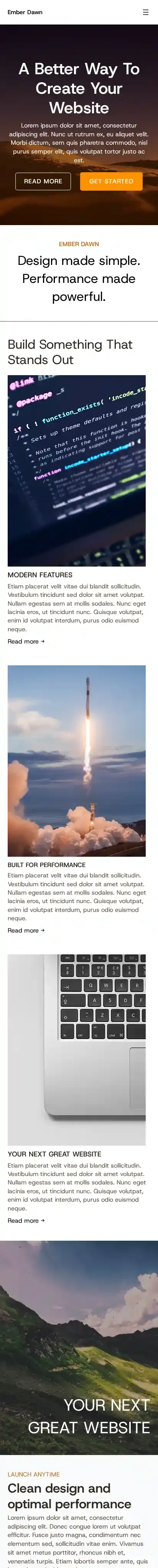 Ember Dawn home page on mobile