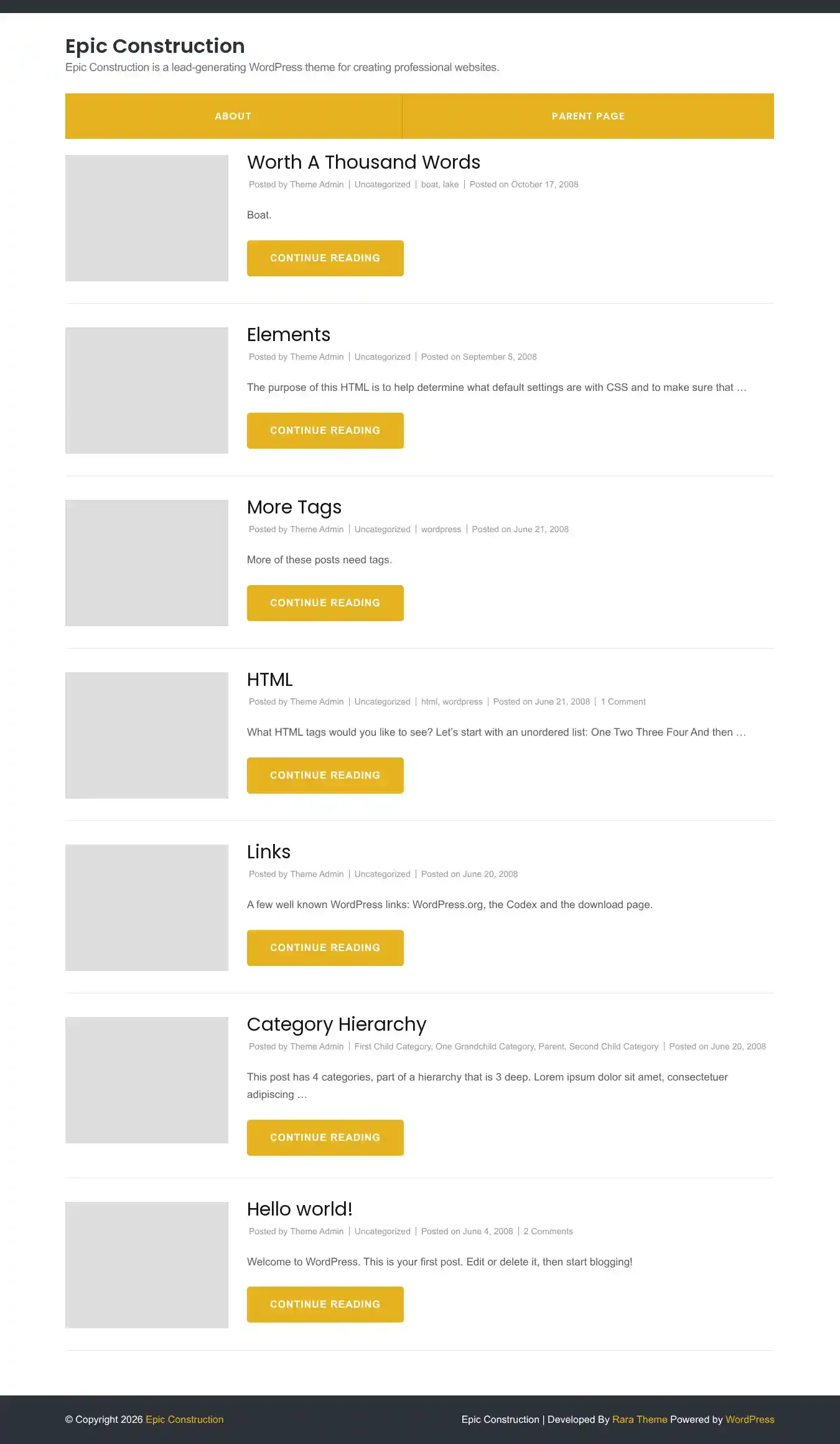 Epic Construction home page on desktop