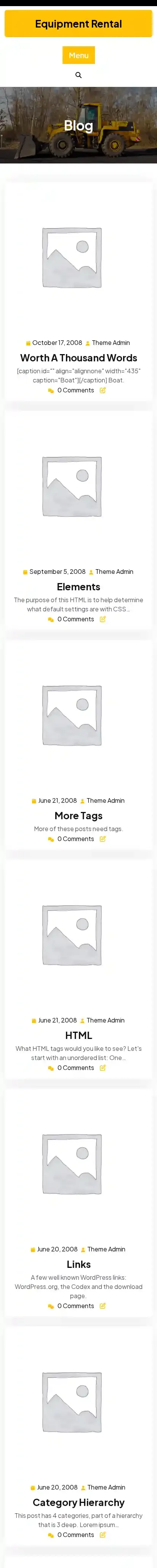Equipment Rental home page on mobile