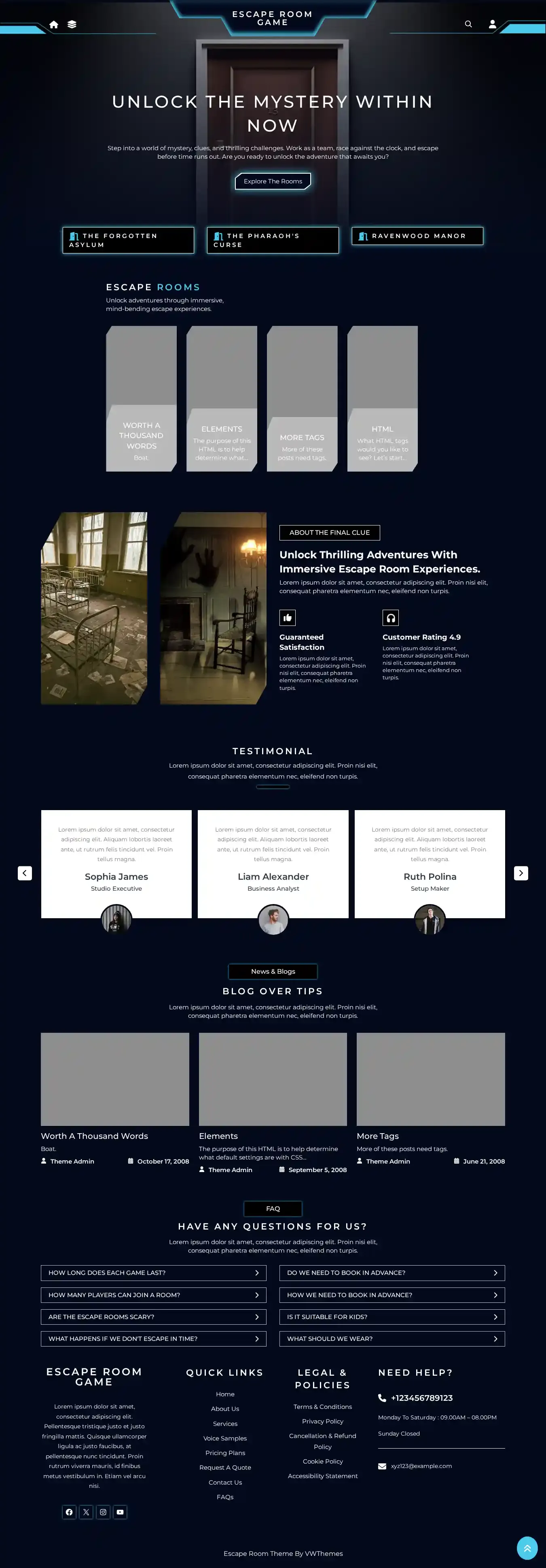 Escape Room Game home page on desktop