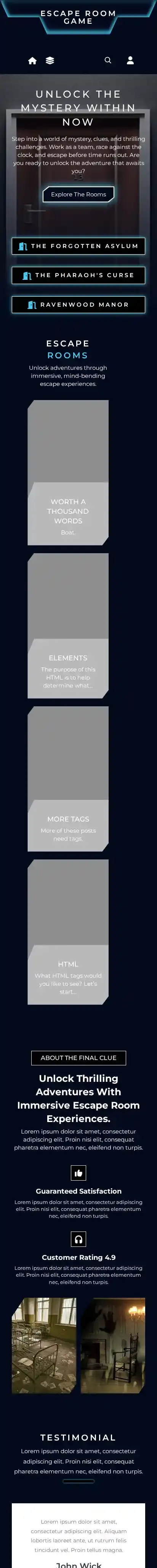 Escape Room Game home page on mobile