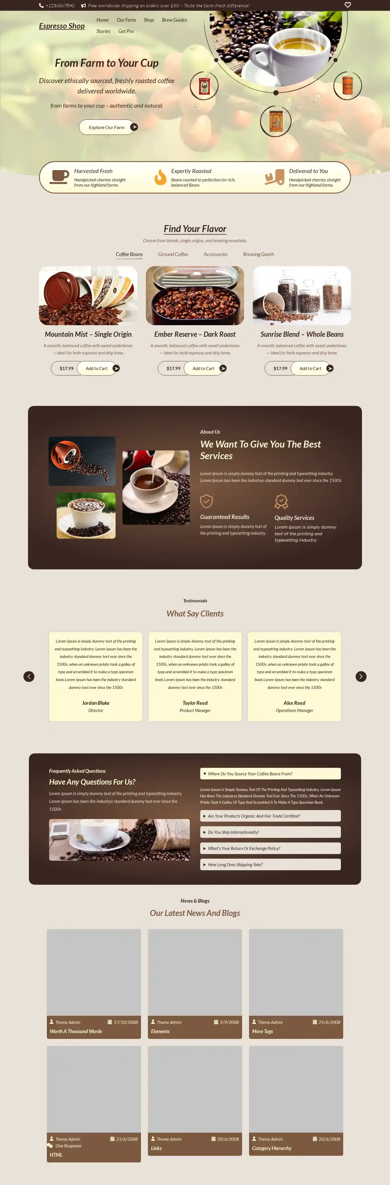 Espresso Shop home page on desktop