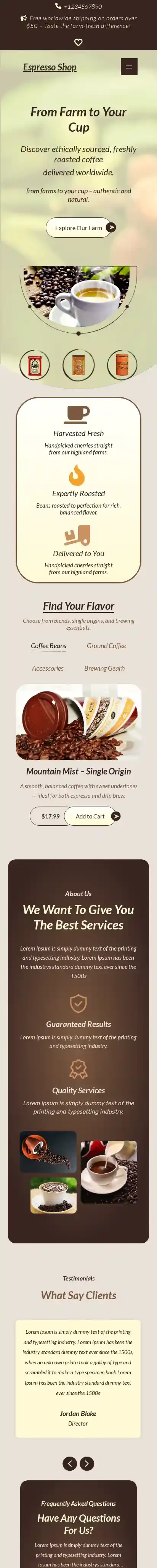 Espresso Shop home page on mobile