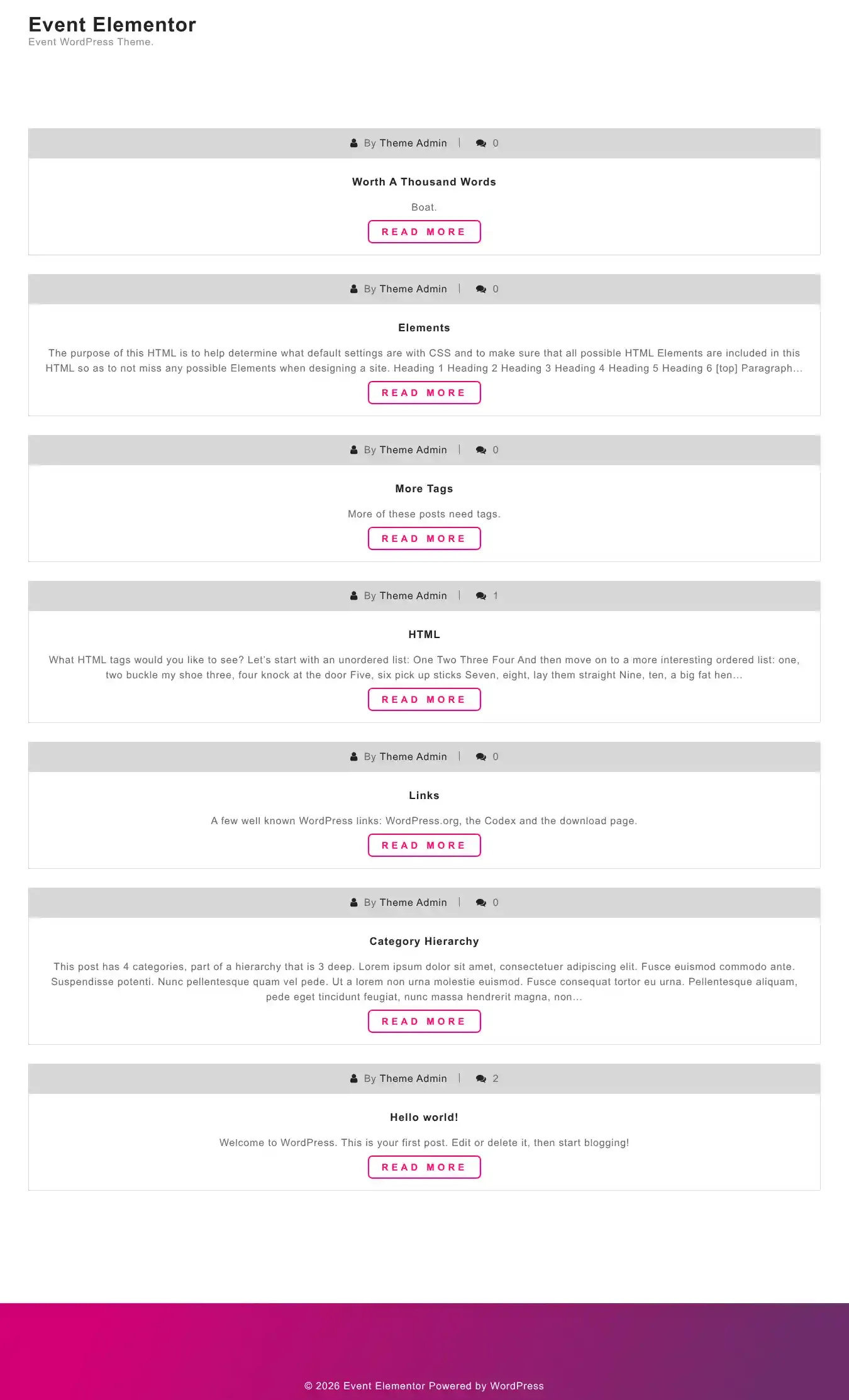 Event Elementor home page on desktop