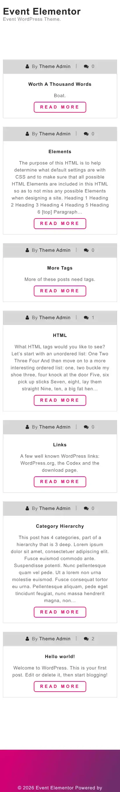 Event Elementor home page on mobile