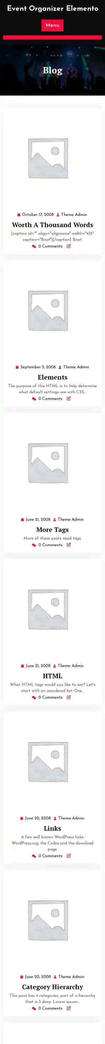 Event Organizer Elemento home page on mobile