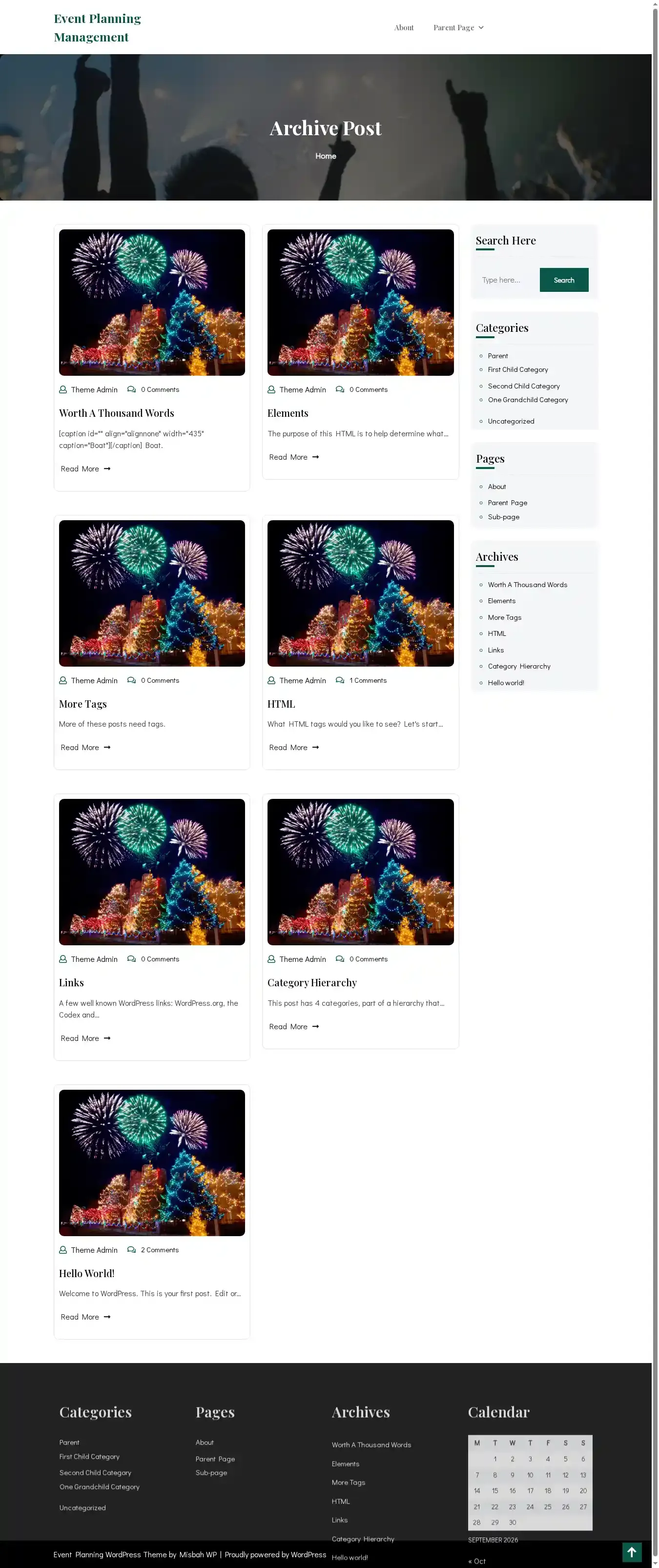 Event Planning Management home page on desktop
