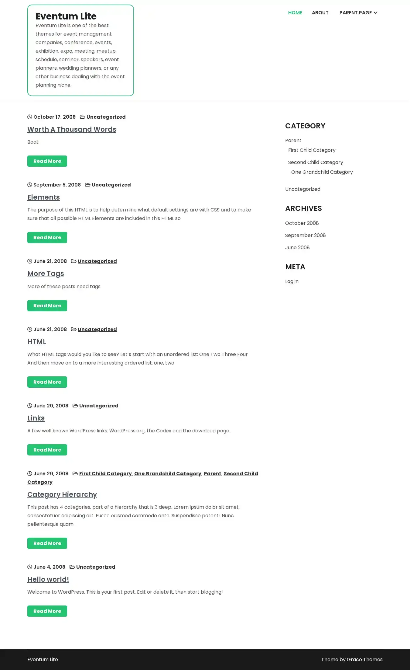 Eventum Lite home page on desktop