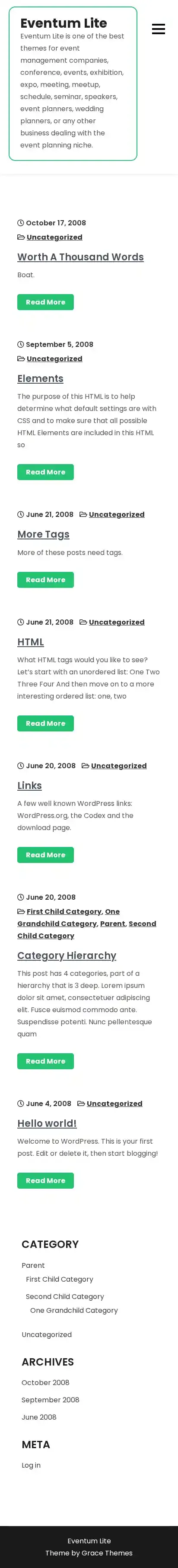Eventum Lite home page on mobile