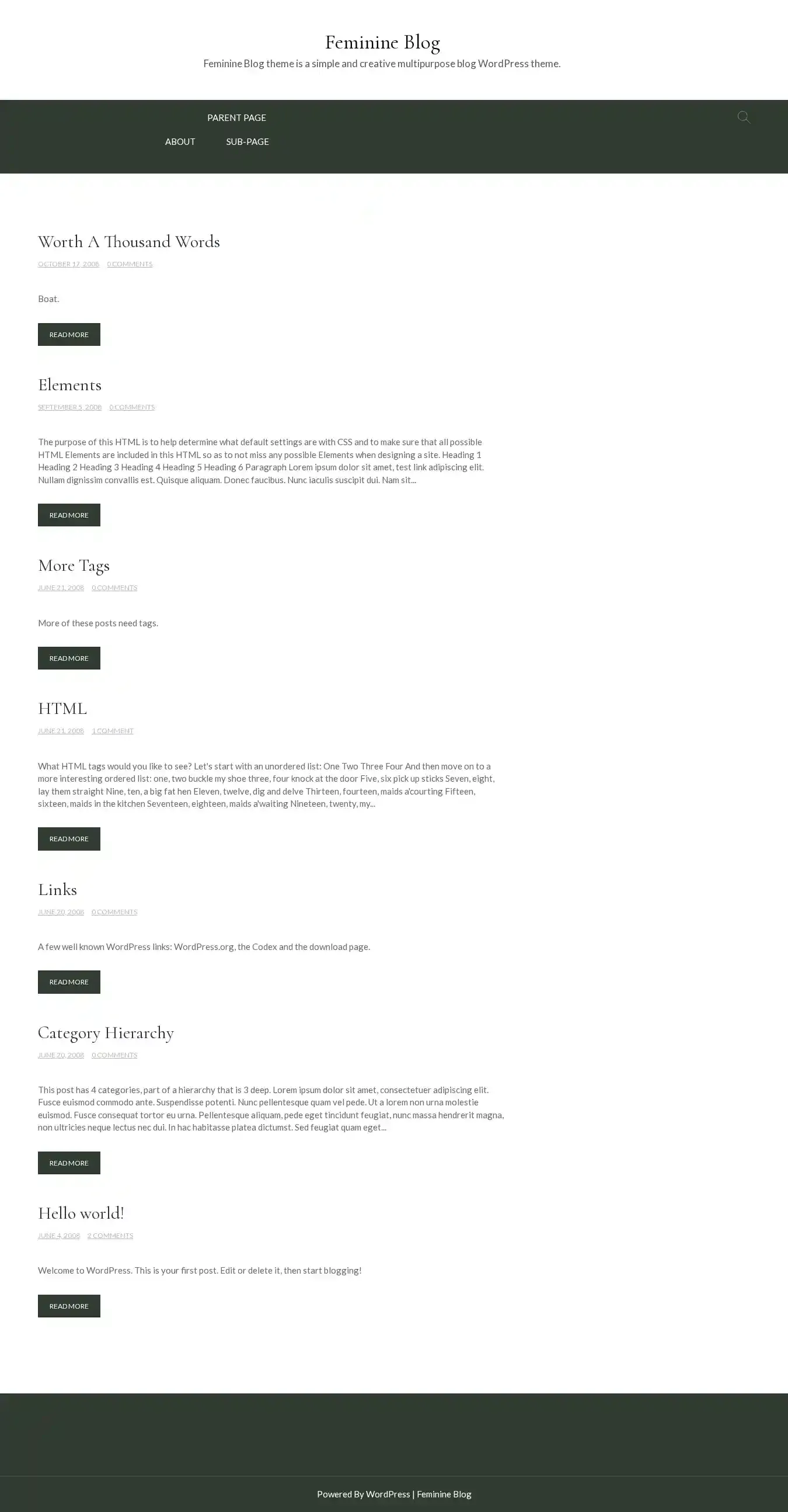 Feminine Blog home page on desktop