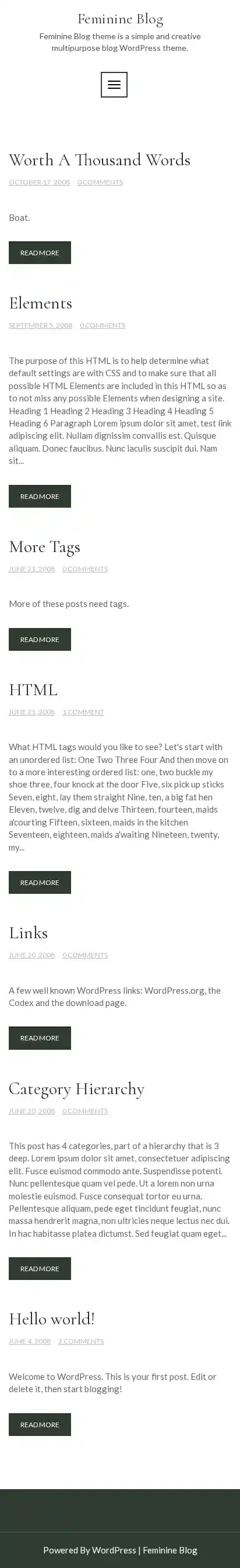 Feminine Blog home page on mobile
